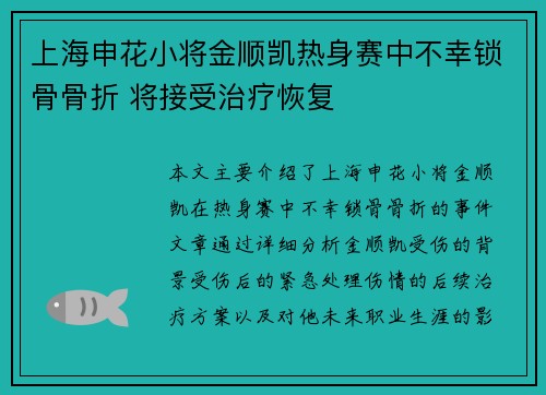 上海申花小将金顺凯热身赛中不幸锁骨骨折 将接受治疗恢复