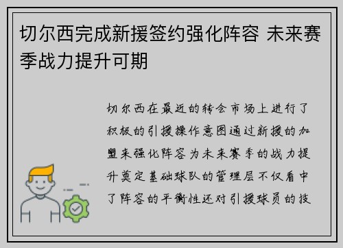 切尔西完成新援签约强化阵容 未来赛季战力提升可期